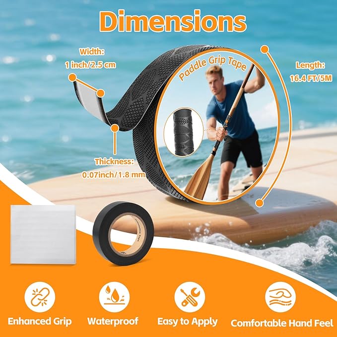 Premium Non-Slip Silicone Handle Cover for Blister Prevention & Cushioned Comfort. Fits Canoe, SUP & Boat Paddles (Black, 1In x 16.4Ft)