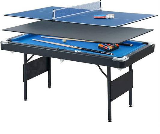 3 in 1 Billiard Table, 5.5 FT Folding Pool Table with Ping Pong Table and Dining Top, Multi Game Table Includes Billiard Accessories and Tennis Paddles for Family Game Room, Basements