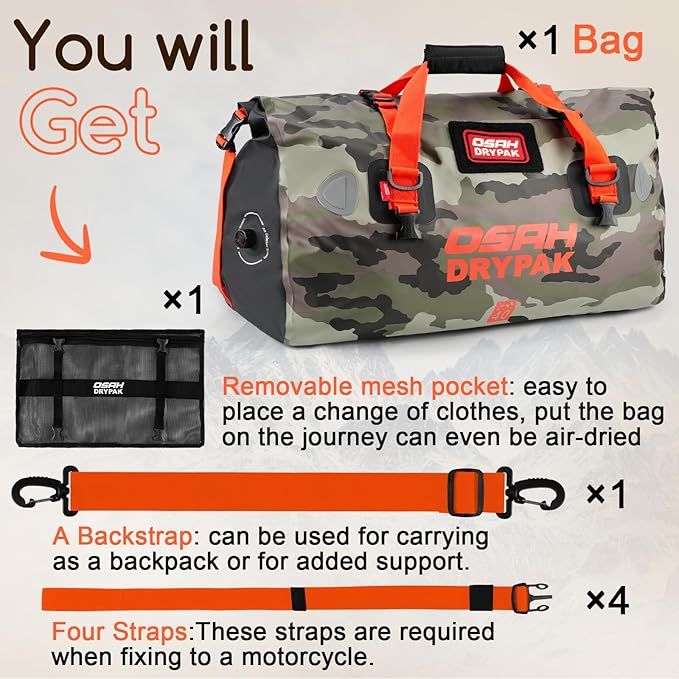 Waterproof Duffel Bag - Motorcycle Dry Bag Tail Bag with Large Storage Space, Waterproof Luggage Duffle Bags with Outer Mesh Zipper Pocket for Camping, Kayaking, Fishing & Traveling