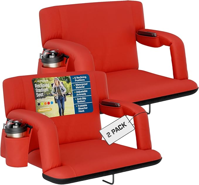 Alpcour Reclining Stadium Seat – Wide Bleacher Chair with Back Support and Cushion, Armrests, Side Pockets, and Bleachers Hook – Best Stadium Seats Chairs for Camping, Kayak, & Paddle Board Backs