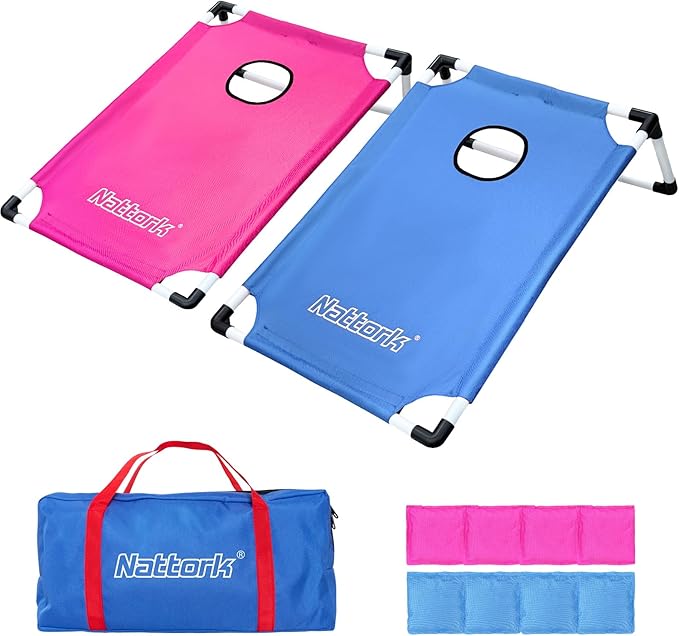Portable Cornhole Set PVC Framed Corn Holes Outdoor Game Set with 2 Cornhole Boards, 8 Cornhole Bean Bags and Carrying Case, Camping Games Indoor Outdoor for Kids and Adults, Travel Camping Accessory