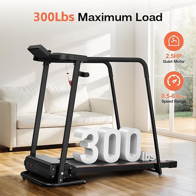 Treadmill for Seniors with Extended Long Handrails for Balance & Safety Foldable Elderly Treadmills for Home Composite Shock-Absorbing Treadmill for Seniors 300 lbs Capacity LCD Display APP Control