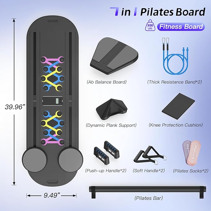 Pilates Board Pilates Reformer Set for Women, 7 in 1 Foldable Pilates Equipment with Timer, Portable Pilates Machine for Home Workout, Fitness, Exercise, Ab, Core