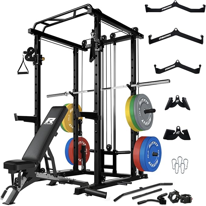 RitFit Multi-Function Squat Rack Power Cage PPC03 with Cable Crossover System, 1000LBS Capacity Power Rack and Packages with Optional Weight Bench, Barbell Weight Set, for Garage Workout & Home Gym