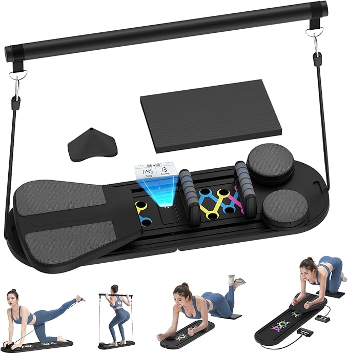 Pilates Board, Foldable Pilates Reformer Set with Timer, 8-in-1 Multi-Purpose Portable Pilates Machine for Home Workout, Pilates Reformer Kit for Full Body Workout, Abs Trainer, Core Strength