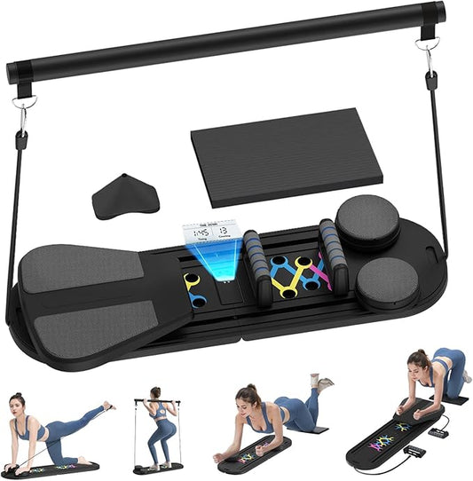 Pilates Board, Foldable Pilates Reformer Set with Timer, 8-in-1 Multi-Purpose Portable Pilates Machine for Home Workout, Pilates Reformer Kit for Full Body Workout, Abs Trainer, Core Strength