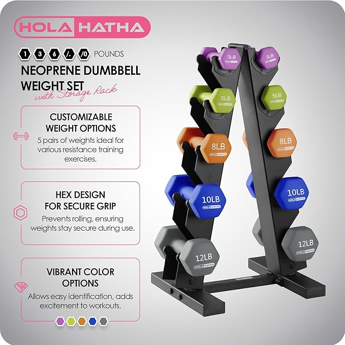 HolaHatha 2, 3, 5, 8, and 10 Pound Neoprene Dumbbell Free Hand Weight Set with Rack, Ideal for Home Exercises to Gain Tone and Definition, Pastel