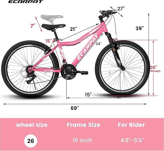24 26 Inch Women Girls Mountain Bike, Disc/V Brakes 21 Speeds Women Bike, Sturdy Steel Frame and Suspension Fork, Stylish Adult and Teens Bicycle for Urban Trail Snow Commuter