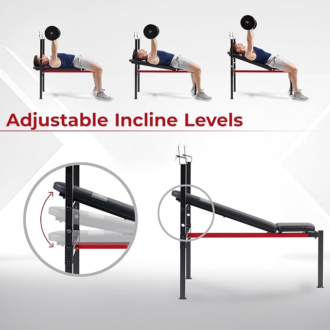 Sunny Health & Fitness Compact Premium Incline Bench Press Bar Rack Set & Optional Leg Extension Developer, Preacher Curl for Solid Strength Training Home Gym