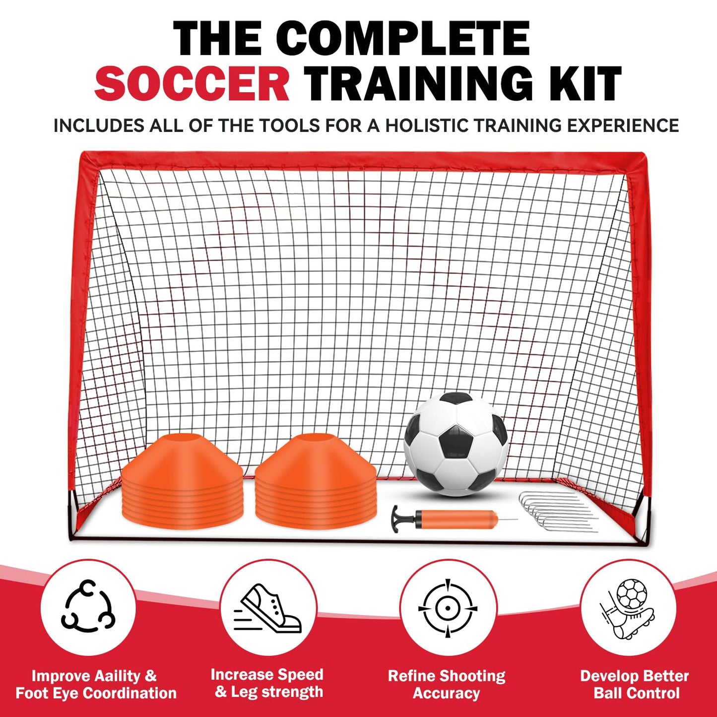 Fololicx Red Soccer Goals for Backyard, 2 of 6x4ft Kids Soccer Net Training Equipment, Portable Pop Up Toddler Soccer Goal with Soccer Ball, Scoring Target Cloth, and Cones - Fun Youth Outdoor Games