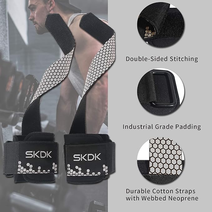 SKDK Cotton Hard Pull Wrist Lifting Straps Grips Band-Deadlift Straps with Neoprene Cushioned Wrist Padded and Anti-Skid Silicone - for Weightlifting, Bodybuilding, Xfit, Strength Training