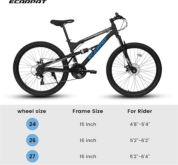 Ecarpat 24/26/27.5 Inch Mountain Bike, Dual/Front Suspension Mens Mountain Bike with 21 Speeds High-Carbon Steel Frame and Disc/V Brakes, Adult Sport Bicycle for Trail Snow Commuter City Road