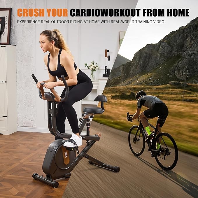 3 in 1 Exercise Bike,Squat Machine,8-level Adjustable Magnetic Bike for Home with App,Squat Rowing Machine, Low Noise Indoor Cycling Bike with 300lbs Weight Capacity,Glutes & Leg Home Workout Machine and Fitness Courses for Weight Loss