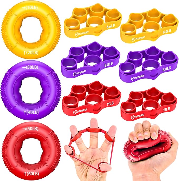 FitBeast Grip Strength Trainer, Finger Exerciser, Forearm Strengthener 9-Piece Kit, Hand Grip Strengthener Targeted Strength, Relief & Recovery