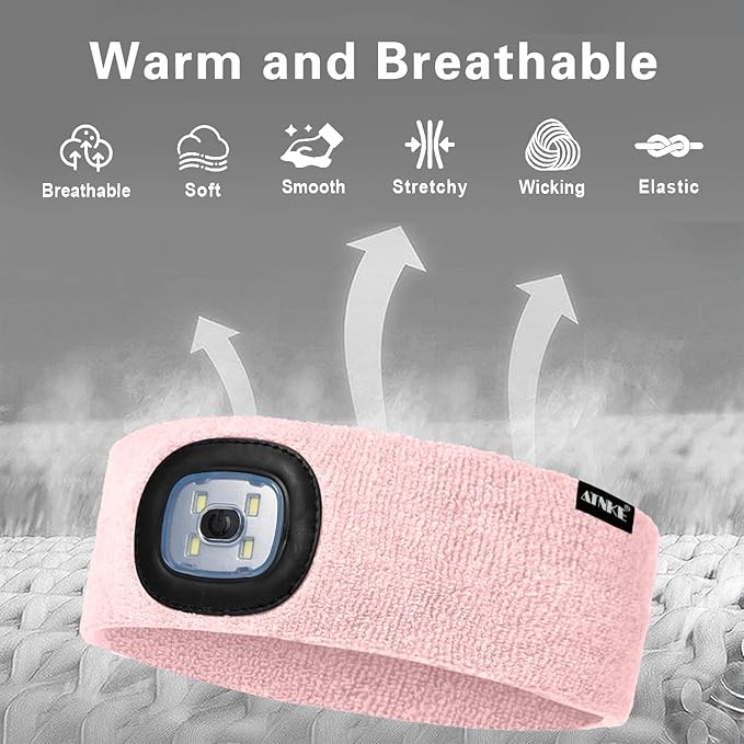 ATNKE 4 LED Lighted Sport Sweatband,USB Rechargeable Running Head Band Lamp High Stretch Wicking Gifts for Men and Women