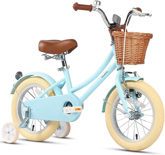 Glerc Little Molly 12-20 Inch Kids Retro Cruiser Bike for 2-13 Year Old with Wicker Basket & Training Wheels/Kickstand, Multiple Colors