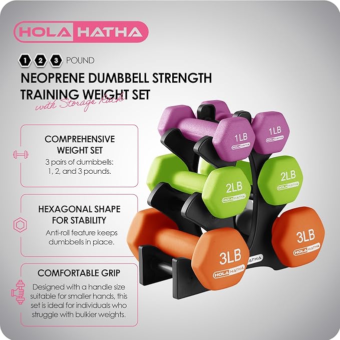 HolaHatha 2, 3, 5, 8, and 10 Pound Neoprene Dumbbell Free Hand Weight Set with Rack, Ideal for Home Exercises to Gain Tone and Definition, Pastel