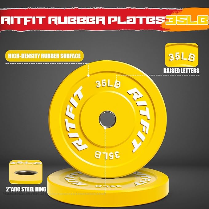 RitFit Color Coded Olympic Bumper Plate for Barbell - 2-Inch Weight Plates With Steel Insert, Rubber Weights for Strength Training in Home Gym