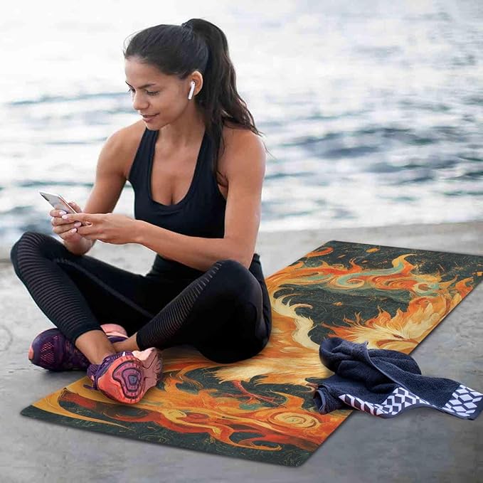 Phoenix Pattern Yoga Mat, 71 x 26 Inch Non-slip Yoga Mats Folding Travel Exercise Mat Indoor Outdoor Gym Pilates with Storage Bag for Women Men