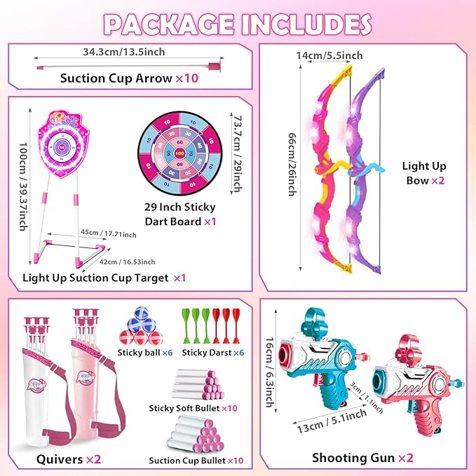 VATOS 2 Pack Bow and Arrow Toy with LED Light - 4 in 1 Archery & Dart Game Set with 20 Suction Cup Arrows, Mermaid Glow Target & Dart Board - Indoor/Outdoor Birthday Gift for Kids Boys Girls Ages 5-12