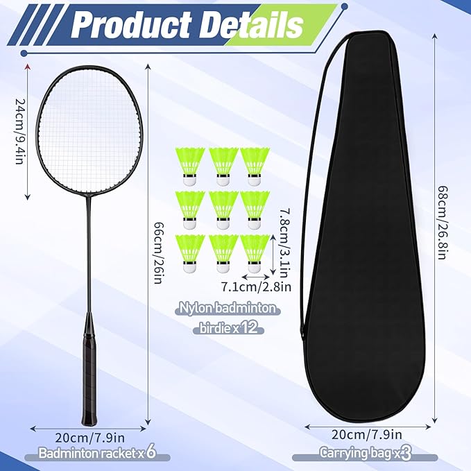 6 Packs Badminton Rackets Set Include 6 Lightweight Rackets 12 Nylon Plastic Shuttlecocks 3 Carrying Bags for Summer Outdoor Backyard Games Sports Beginners Adults