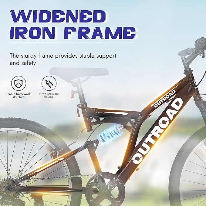 Outroad 26 Inch Mountain Bike, 7-Speed/High-Carbon Steel/Aviation Grade Frame with V Brake, Adjustable Ergonomic Seat Bicycle for Men Women Adult, MTB with Shock Absorption System