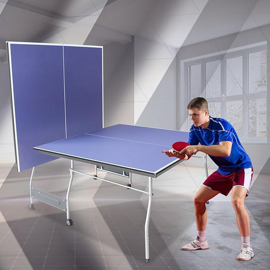 Rakon Blue Folding Rolling 8×4 FT Table Tennis Table Indoor and Outdoor Table Tennis Table, 2 Rackets, 3 Balls, 1 Net and 4 Wheels Set Behind It for Easy Movement