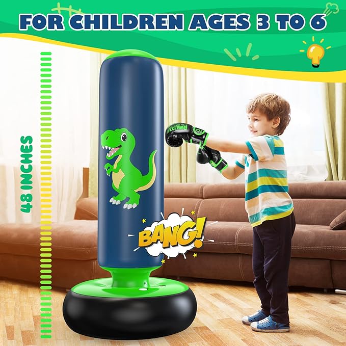 QPAU Inflatable Punching Bag, 48 Inch Stable Inflatable Boxing Bag for 3-6 Kids,Dinosaur Toy & Gifts for Boys and Girls, Kids Boxing Set for Practicing Karate, Taekwondo