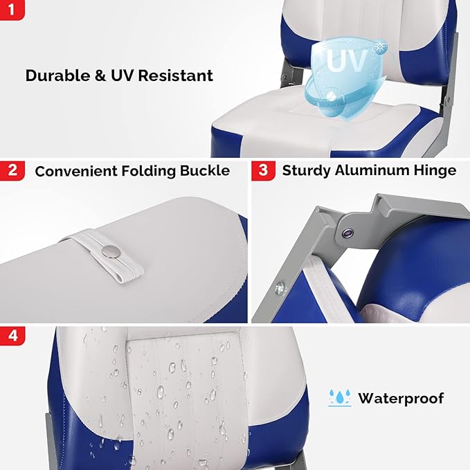 PEXMOR Boat Seats Low/High Back, Folding Boat Seat Included, Fold-Down Fishing Boat Seats Waterproof Captain Boat Seat w/Aluminum Hinges & Thick Soft Cushion, 2 Packs (Low Back-Blue & White)