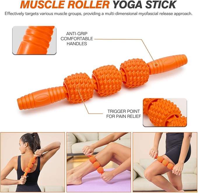 5 in 1 Foam Roller Set - Trigger Point Foam Back Roller, Muscle Roller Stick, Massage Ball, Stretching Band for Deep Muscle Massage Pilates Yoga,Fitness Exercise for Whole Body Release (Orange)
