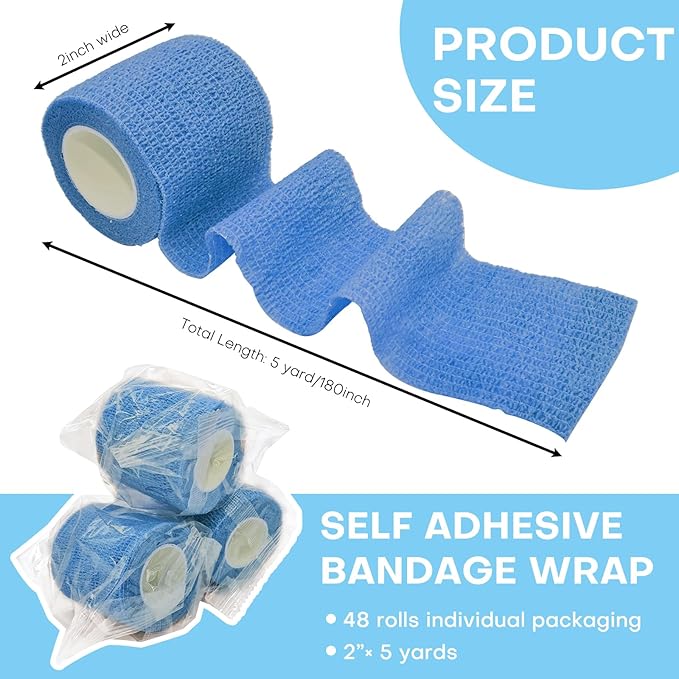 48 Pack 2” x 5 Yards Self Adhesive Bandage Wrap, Elastic Breathable Cohesive Bandage Wrap Athletic Stretch Tape for Wrist Ankle Sports (Multi-Color)