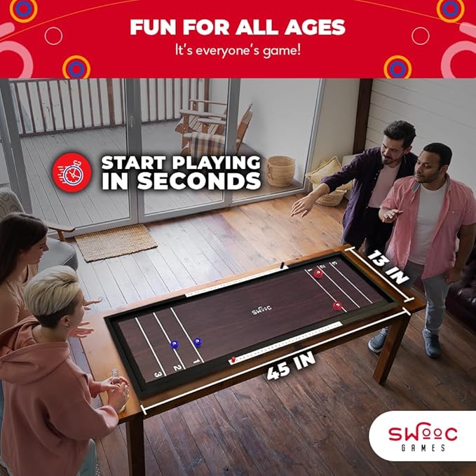Swooc Games® | 2-in-1 Premium Shuffleboard and Curling | 100% Solid Wood Shuffleboard Table (4ft) | 5+ Ways to Play | Tabletop Games for Adults & Kids | Shuffle Board Game Table Top, Bar & Indoor Game