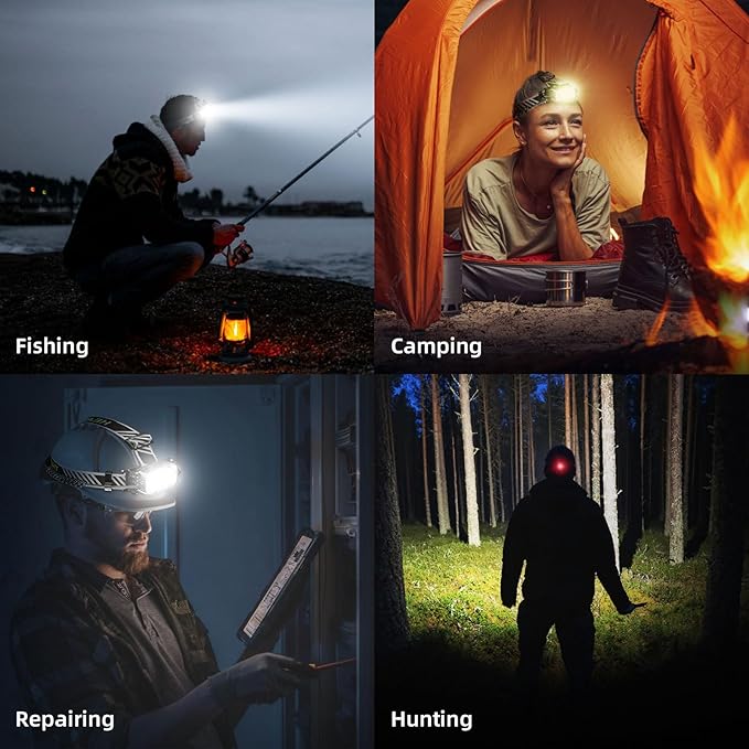 Headlamp Rechargeable, 8 LED Head Lamp, 360° Double Sided Rotating Head Flashlight, Super Bright Outdoor Waterproof Headlight for Camping, Fishing, Hunting, Running, Repairing, Hiking