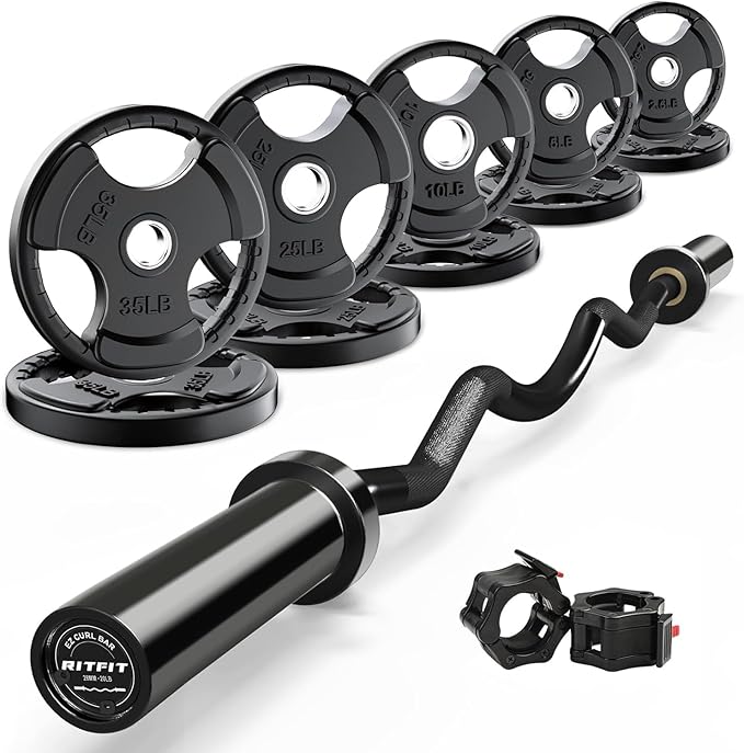 RitFit 2 Inch EZ Curl Bar with Weights, 700LBS Weight Capacity Olympic Curl Barbell for Bicep, Tricep and Weight Lifting Exercises