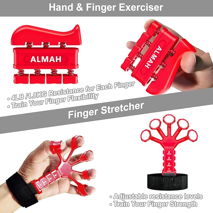 ALMAH Hand Grip Strengthener kit(5 Pack),Grip Strength Trainer,Forearm Workout Trainer Adjustable Grip Exercises,Finger Grip Strengthener,Finger Stretcher,Grip Ring & Stress Relief Ball with Carry Bag
