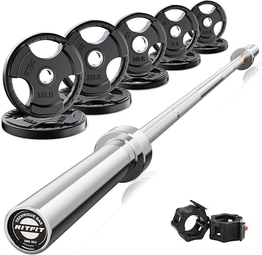 RitFit Barbell Weight Set - 4/6FT Olympic Barbell with Weight Plates (55-275LB Total) - Weightlifting Equipment for Squats, Curls, Deadlifts, Presses, Hip Thrusts