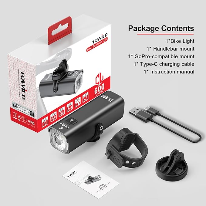 TOWILD Bike Lights for Night Riding,Compatible with Garmin/GoPro Mount,600 Lumen Bike Headlight,2000mAh Rechargeable Battery,Waterproof Bike Front Light for Commuter Cyclists-Fits All Bikes