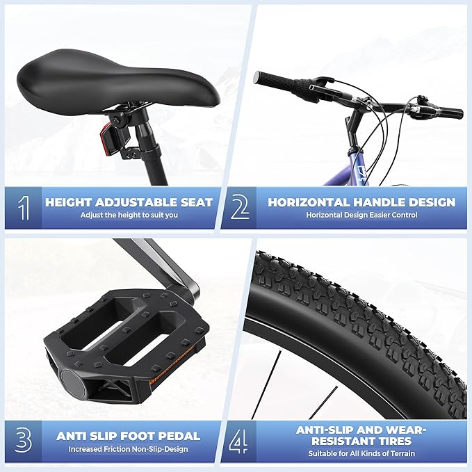 26" Mountain Bike - 1/7-Speed Lightweight High-Carbon Steel Frame, V Brakes & Front Suspension - Adjustable Ergonomic Seat for Men & Women(Quick Assembly, Multiple Colors)