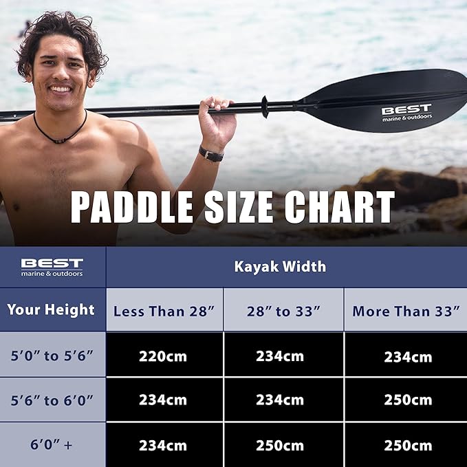 Best Marine and Outdoors Kayak Paddle, Carbon Fiber Shaft & Fiberglass Reinforced Polypropylene Blades, 220cm, 234cm, 250cm, Lightweight Kayak Paddles for Adults