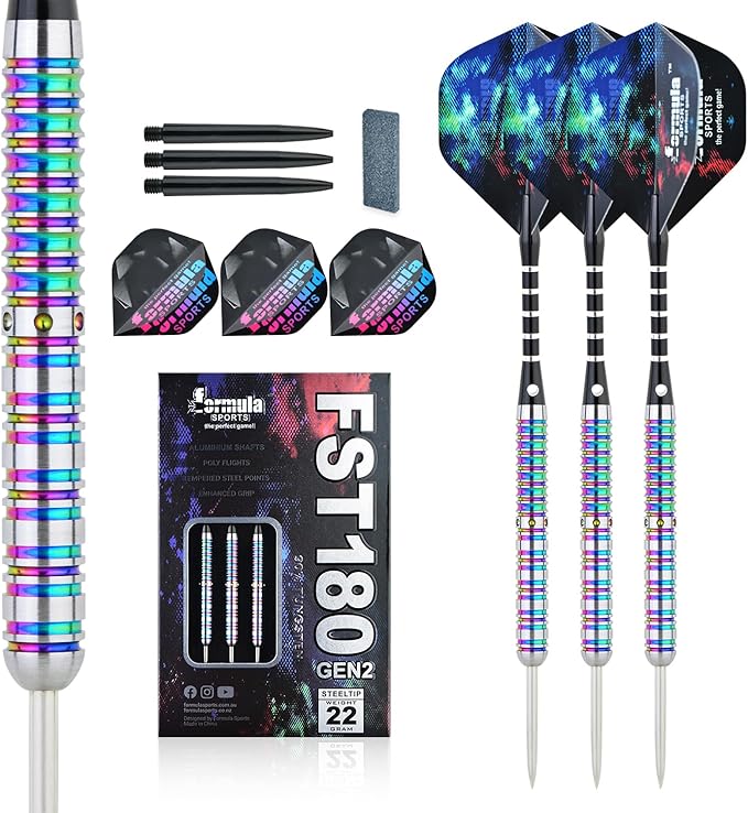 Formula Sports 90% Tungsten Steel Tip Darts Set - Professional Darts Metal Tip Set Available in 21g/22g/23g/24g, with Aluminum Shafts, Tungsten Barrels, Extra Flights, Sharpener, Carrying Case
