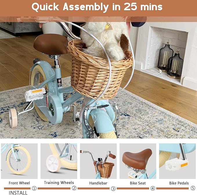 Glerc Little Molly 12-20 Inch Kids Retro Cruiser Bike for 2-13 Year Old with Wicker Basket & Training Wheels/Kickstand, Multiple Colors