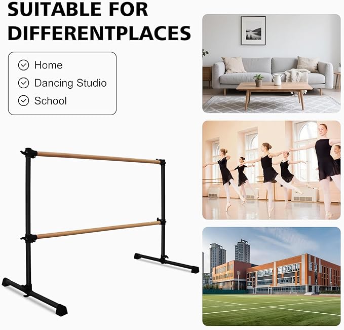 4FT/6FT Freestanding Ballet Barre Wood/Steel Height Adjustable from 7 to 46 inch Ballet Bar Portable Double Dance Bar for Home Workout and Stretch