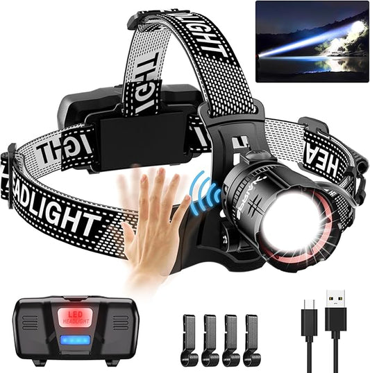 High Lumens LED Headlamp& 100H Using Time, USB Rechargeable Head lamp, 90° Adjustable Widebeam Motion Sensor Head Light with 5 Modes,Zoomable for Camping Running Hiking, Hard Hat Headlamps 1pc