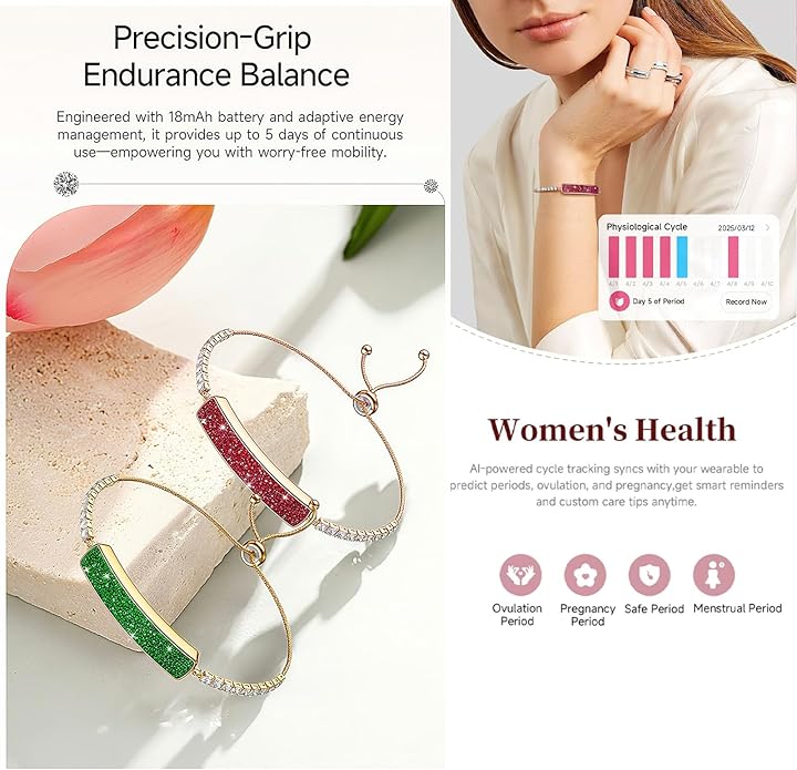 Smart Bracelet for Women 5ATM Waterproof Fitness Tracker with Heart Rate/Blood Oxygen/HRV/Sleep Monitor/Female Menstrual Cycle Activity Tracking Fashion Diamond Bracelet with 2 Bands