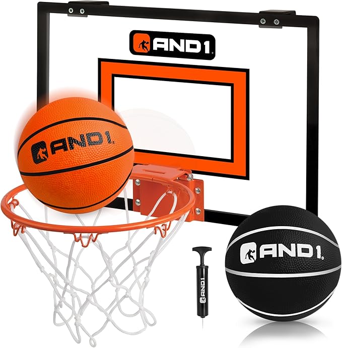 AND1 Over the Door Mini Basketball Hoop: 18x12 Shatterproof Backboard, 2 Mini Basketballs, and Hand Pump Included- Ultimate Indoor Basketball Accessory for Kids and Adults, No Tools Required