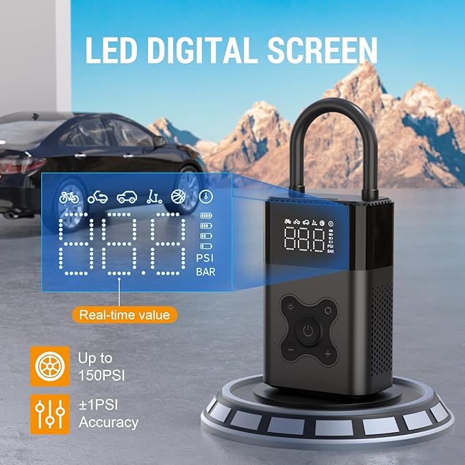 Tire Inflator Portable Air Compressor, 150 PSI Air Pump for Car, Electric Bike Pump with Digital Tire Pressure Gauge, Portable Tire Inflator for Compact Car, Electric Motorcycle, Bike (Black)