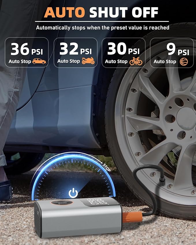 Tire Inflator Portable Air Compressor, Bike Pump, 150PSI Air Pump for Car Tires with LCD Dual Screen and Digital Tire Pressure Gauge, Air Compressor for Bicycle, Motorcycle, Compact Car, Ball