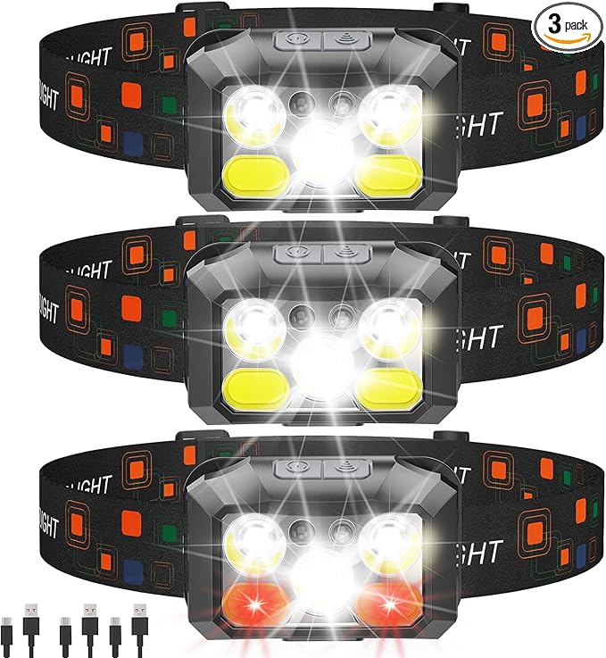 Rechargeable LED Headlamp 4-Pack, 800 Lumens, USB-C, IPX4 Waterproof, 8 Modes, Red & White Light — Lightweight, Adjustable; for Camping, Hiking, Running, Fishing & Repairs