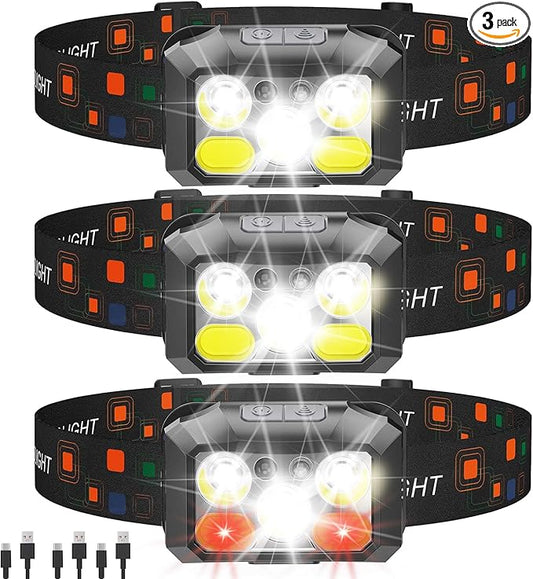 Rechargeable LED Headlamp 4-Pack, 800 Lumens, USB-C, IPX4 Waterproof, 8 Modes, Red & White Light — Lightweight, Adjustable; for Camping, Hiking, Running, Fishing & Repairs