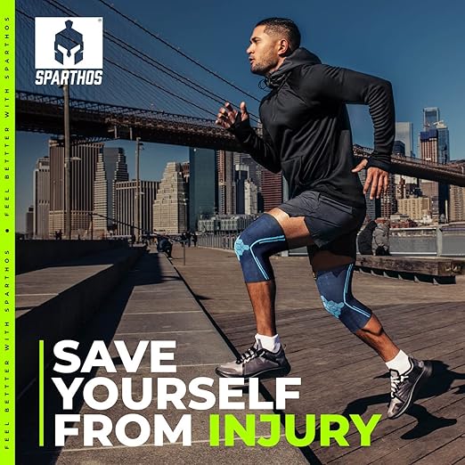 Sparthos Knee Compression Sleeves (Pair) – Support Sports, Running, Joint, Knee Pain Relief – Knee Brace Men Women – Knee Sprains Strains Arthritis Ligament Injury Recovery (Blue-M)